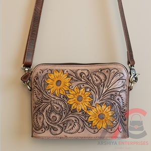 Nouveau fait à la main Western élégant en cuir repoussé femmes sac à bandoulière de haute qualité en cuir véritable tournesol sacs à main Cowgirl sacs à bandoulière - Product Image 1