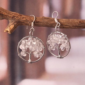 Women's Silver-Plated Brass Earrings Carved <b>Tree</b> Life & Healing Moon Stone Classic Style Handmade Customized Color Party Gift - Product Image 1