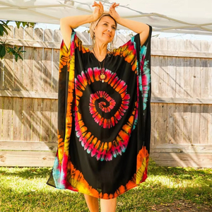 Handmade Indian Viscose <b>Kaftan</b> Women's Three Quarter Sleeve Long Ankle-Length Tie Dye V-Neck Straight Silhouette <b>Plus</b> <b>Size</b> - Product Image 1
