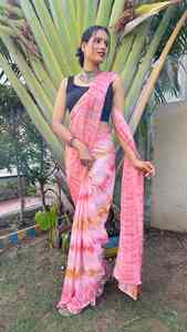 Sari con estampado digital de Georgette con blusa de algodón sin coser Rosa atractivo para ocasiones especiales estampado de lámina listo para usar - Product Image 2