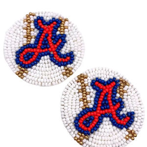 Stylish Handmade Seed Beaded Dangle <b>Earrings</b> White Baseball Design with Navy <b>Red</b> Accent <b>Drop</b> <b>Earrings</b> - Product Image 1