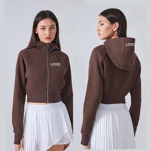 Sweat-shirt de sport en polaire pour femme, col zippé, coupe courte et ajustée, doublé pour l'automne, avec trous pour les pouces, respirant - Product Image 1