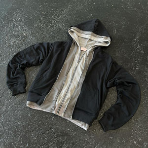 เสื้อฮู้ดสำหรับผู้ชายสามชั้นแบบมีซิปมีสามชั้นมีฮู้ดแบบสตรีทสีทึบ - Product Image 3