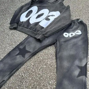 Sudadera con capucha y pantalones de chándal acampanados con cremallera hechos a medida al por mayor, conjunto de chándales lavados con ácido de talla grande, ropa de invierno bordada - Product Image 4