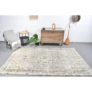 Alfombra turca clásica vintage de lana de retazos beige y verde con respaldo de látex, hecha a mano, alfombras rectangulares para mesa auxiliar de 5,2x8,4 pies - Product Image 1