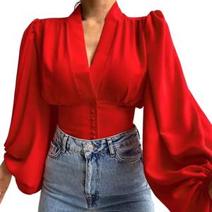 Camisa de algodón a la moda para mujer, cuello en V, botones ajustados, puños retráctiles, camisa recortada, linterna, Blusa de manga larga con estampado de flores - Product Image 5