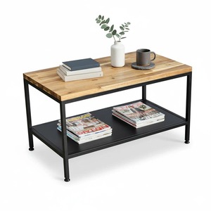 Table de salon design industriel à deux niveaux 80x50x45 cm Plateau en bois d'acacia avec pieds en fer Modèle TT68130 - Product Image 1