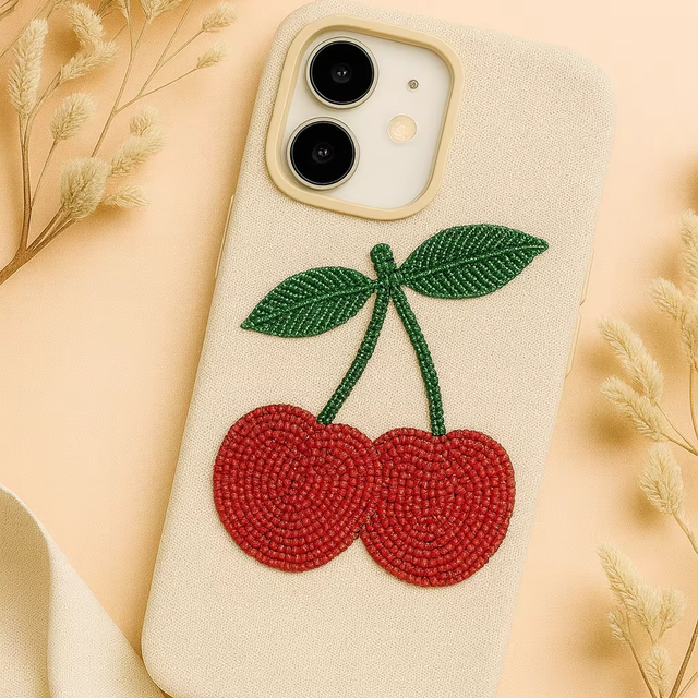 New Colorful Bohemian Embroidery Beaded Phone Cover Cherry Fruit Design Artistic Hand-Stitched Portable Mobile Phone Case
