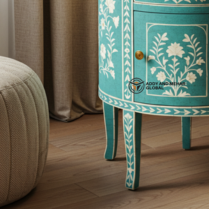 Mesita de Noche Redonda Azul de Lujo Ecológica con Incrustaciones de Hueso y Diseño Floral, Tres Cajones para Decoración de Dormitorio Moderno, Exportación - Product Image 6