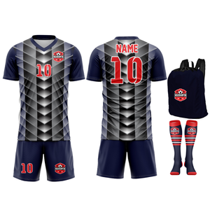 Tenue de football en polyester à séchage rapide, prix de gros, personnalisable avec nom/numéro d'équipe, col en V, uniforme de football sublimé, inclut chaussettes et sac - Product Image 1