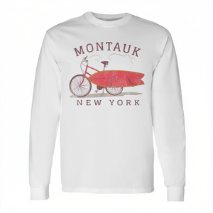 Camiseta de manga larga con diseño de bicicleta estilo retro para fanáticos del surf de Montauk, Nueva York, ropa promocional premium - Product Image 2