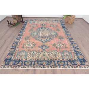 Alfombra Turca Vintage, Alfombra Grande de 5.9x9.3 pies, Alfombra de Lana con Diseño de Plantas y Árboles en Azul y Rojo - Product Image 1