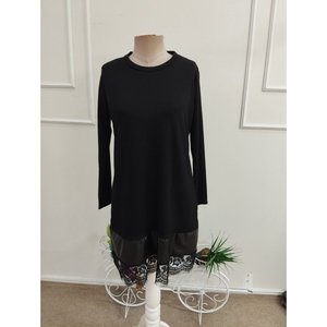 Vestido Modal Corto con Cuello Ciclista y Detalles de Cuero y Tul en el Bajo de la Falda, Manga Larga para Mujer, 38483 - Negro - Product Image 4