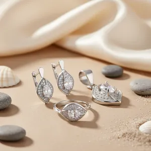 Parure de bijoux en argent avec zircon, collier, boucles d'oreilles et bague, ensemble pendentif en alliage pour femme, idéal pour mariage romantique et mode - Product Image 2