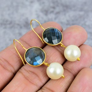 Blue Labradorite & Pearl Round Gemstone 925 <b>Sterling</b> <b>Silver</b> Gold Plated Earrings <b>Wire</b> Earrings Gift for Women Wedding Earrings - Product Image 1