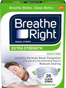 แผ่นแปะจมูก Breathe Right Extra Strength Clear ปราศจากสารก่อภูมิแพ้ สำหรับบรรเทาอาการคัดจมูก ขนาด 78 ชิ้น - Product Image 1