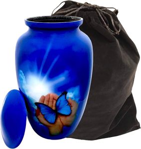 Cremation <b>Urn</b> Burial Lovely Hand Butterfly Design <b>Large</b> Size 26 cms high with Velvet Bag - Product Image 3