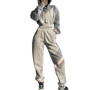 Vente en gros Logo personnalisé Ensemble survêtement 2 pièces coupe-vent respirant grande taille pour femmes Pantalon de survêtement à capuche de couleur unie - Product Image 4