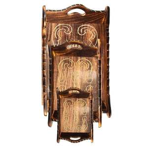 Ensemble de plateaux de service rectangulaires en bois légers au design moderne, poignées brunes sculptées à la main, 3 pièces, motif floral, option de suspension - Product Image 5