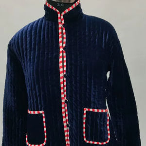 เสื้อแจ็กเก็ตกำมะหยี่สีน้ำเงินเข้มพร้อมกระเป๋าด้านหน้า, เสื้อเบลเซอร์ฤดูหนาวน้ำหนักเบาทำด้วยมือ - Product Image 1