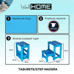 Sgabello in Legno Blu a 2 Gradini WELL HOME 32x23x40 cm Finitura Blu per Uso Domestico o Ufficio - Product Image 2