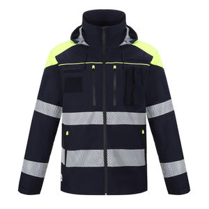Chaqueta de seguridad de alta visibilidad negra con rayas reflectantes y detalles en amarillo neón ropa de trabajo impermeable con capucha para exteriores - Product Image 1