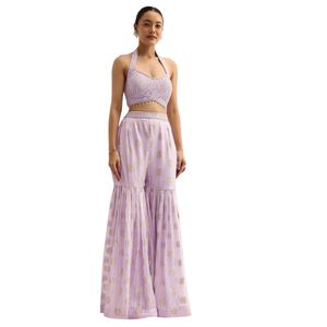 Top corto di seta viola con giacca e Sharara moderno Indo occidentale festivo e matrimonio abbigliamento per donne eleganti - Product Image 3