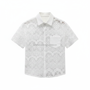 Camisa de Playa Casual de Verano con Diseño de Crochet, Estilo de Malla Transparente con Bordado, Camisa de Botones para Hombre - Product Image 1