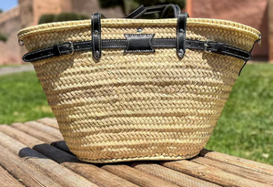 Moroccan Straw Market <b>Basket</b> with <b>Black</b> Leather Handles, French Style <b>Woven</b> Tote Bag, Handcrafted Summer Beach Bag, Boho Shopper - Product Image 3