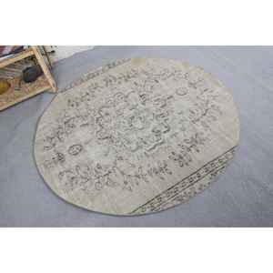 Alfombra de lana turca Beige Vintage de 4,4x4,4 pies, rectángulo clásico de área grande con patrón abstracto para dormitorio, pasillo, respaldo de látex - Product Image 2