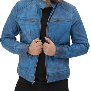 Veste en cuir bleu vieilli pour hommes patchs personnalisés col montant capuche hiver meilleure qualité toile séchage rapide réglable prix - Product Image 4