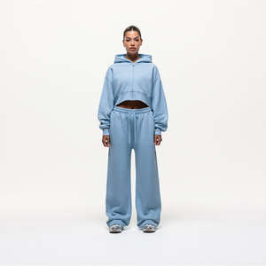 ชุดวอร์ม2ชิ้นสีฟ้าผงซักแนววินเทจสำหรับผู้หญิงชุดออกกำลังกายแบบมีฮู้ดและกางเกงวอร์มระบายอากาศสำหรับยิมและสตรีทแวร์แบบกำหนดเอง - Product Image 6