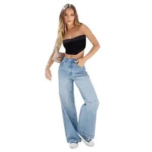 Süper fared moda üreticisi Trendy yıkama yüksek bel günlük kot kadınlar için özelleştirilmiş kadın baggy jean pantolon