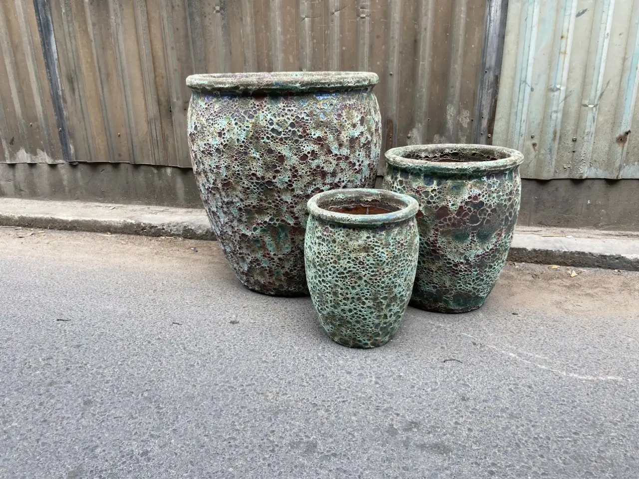 Lifelike pattern surface indoor outdoor large ceramic flower pot - Set of 3 - ANCIENT GREEN - Model VA - 29-ABC