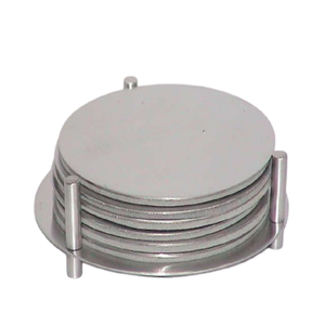 Modern Set of Six (or More) Brushed Metal Coffee & Tea <b>Round</b> Drink Coasters with Matching Vertical <b>Post</b> Storage Caddy/Holder - Product Image 1