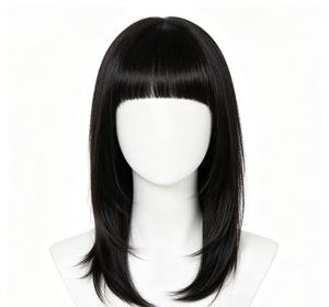 Perruque synthétique noire droite en fibre résistante à la chaleur, longueur moyenne, sans colle, pour usage quotidien et cosplay - Product Image 1