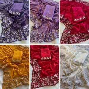 Boutique indienne la plus vendue élégante élégante fantaisie saree Crush tissu de soie broderie séquence travail exclusif ethnique saree porter - Product Image 2