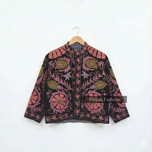 Bohemian Hand-Embroidered Suzani Winter Eco-Friendly <b>Women</b> Luxury Floral Pattern Ethnic Short Coat Vintage Style Black <b>Velvet</b> - Product Image 4