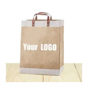 Bolsa de yute para la compra de comestibles con logotipo impreso, barata y reutilizable, con asa de cuero y arpillera de cáñamo grande - Product Image 1