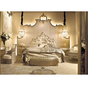 Juego de Dormitorio King de Lujo de Mediados de Siglo, Estilo Moderno Italiano, en Madera de Caoba, con 2 Mesitas de Noche Talladas a Mano, 1 Banco, Madera Maciza Duradera y Ecológica - Product Image 1