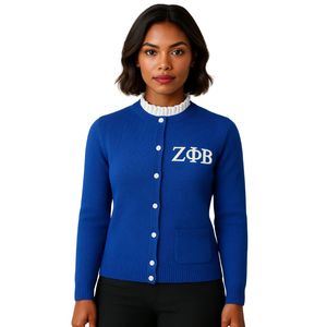 Zeta Phi Beta Cardigan en tricot bleu royal avec col à volants blanc brodé de lettres grecques sororité pull de la vie grecque - Product Image 1
