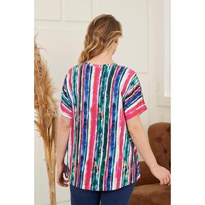 เสื้อเบลาส์ฤดูร้อนผ้าวิสโคสผสมอีลาสเทนลายทางสีบานเย็นสำหรับผู้หญิงไซส์พลัส RMG - เสื้อทูนิคทรงหลวมใส่สบาย - Product Image 4