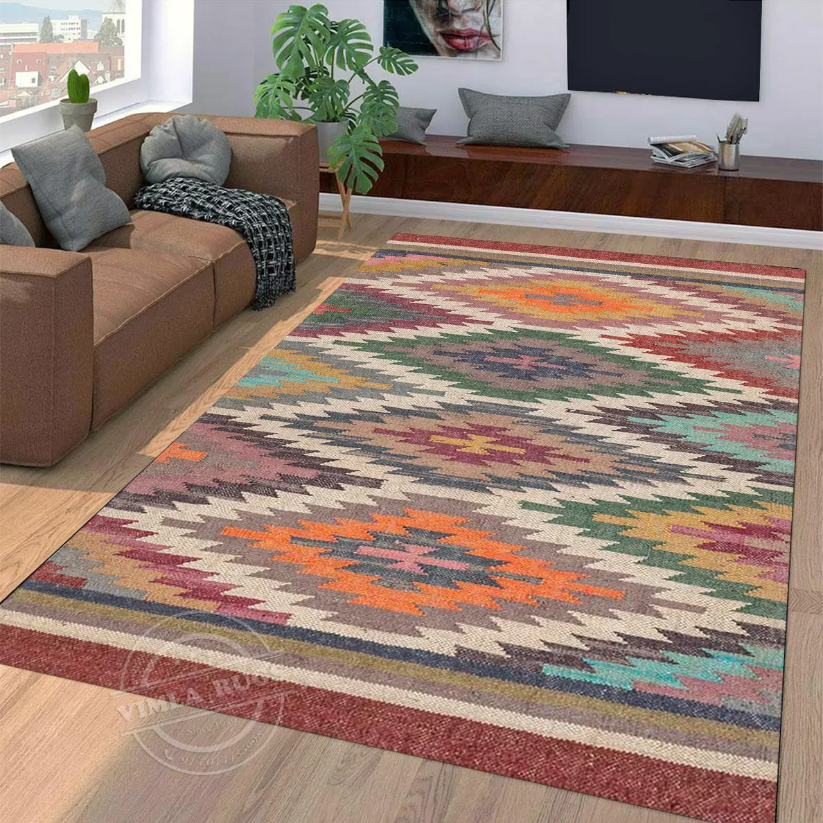 Wool Jute Kilim Rug With Geometric Patterns and 100% Anti Skid Feature Multi Color Soft Texture Indoor Area Rug Indian Floor Rug