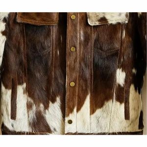Chaqueta de Cuero Vacuno con Estampado de Vaca, Color Marrón y Blanco, Estilo Motociclista, para Hombre, Invierno - Product Image 5