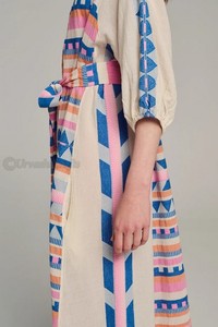 เลดี้ Elegant กระโปรงกว้าง Midi ความยาวเข็มขัดยืดหยุ่นกระโปรงฉัตรไหลโฉมชุดผ้าฝ้ายดีไซน์ชาติพันธุ์ - Product Image 3