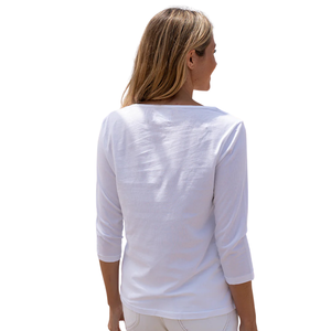 T-shirt blanc pour femme, manches 3/4, col bateau, 100% coton biologique de luxe, pré-rétréci, certifié GOTS, coupe classique, doux et premium - Product Image 4