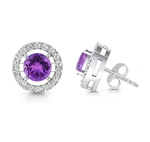 天然紫水晶宝石高品质925银辉石镀金钻石耳钉新娘饰品批发供应商
