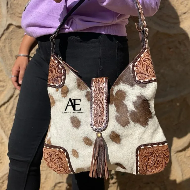 Real Cowhide Fur Hobo Bags Tote Bag Hair On Hide Carving Tooling Leather Handbags Stylish Leather Bags