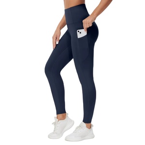 High Waist Knitted Athletic Pants Compression Fit Breathable Inner Pockets <b>Tummy</b> <b>Control</b> Women's Shiny Yoga Sports <b>Leggings</b> - Product Image 1