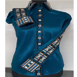 Camisa de espectáculo occidental para mujer profesional elaborada con cristales brillantes y tafetán elástico, perfecta para espectáculos de equitación - Product Image 1